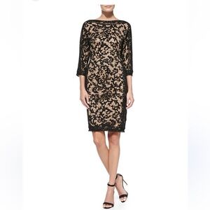Tadashi Shoji embroidered lace panel black nude cocktail dress size 10 NWT